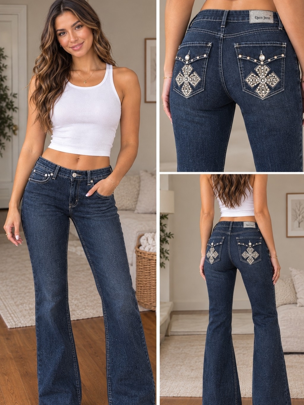 NWT Womens 12 Dark Wash Stretch Bootcut Jeans Y2K Bling Rhinestone Cross Pockets